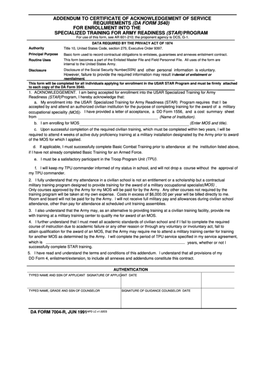 Fillable Da Form 7004-R, 1991, Enrollment Into Us Army Reserve Specialized Training For Army Readiness Printable pdf