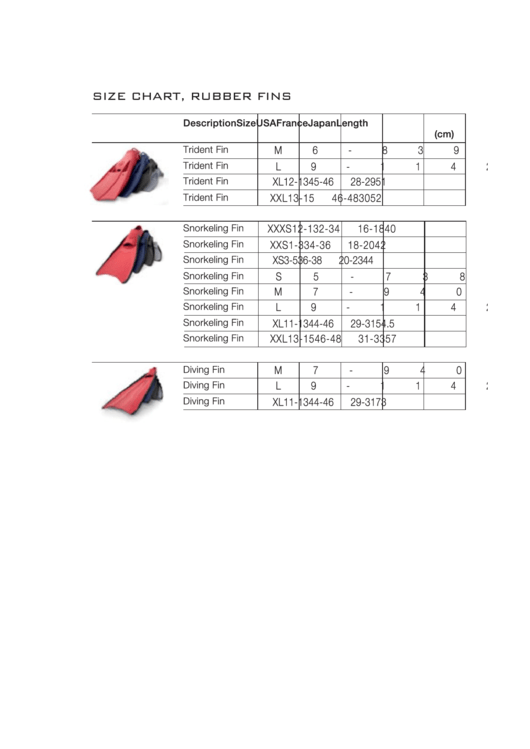 Poseidon Rubber Fins Size Chart Printable pdf