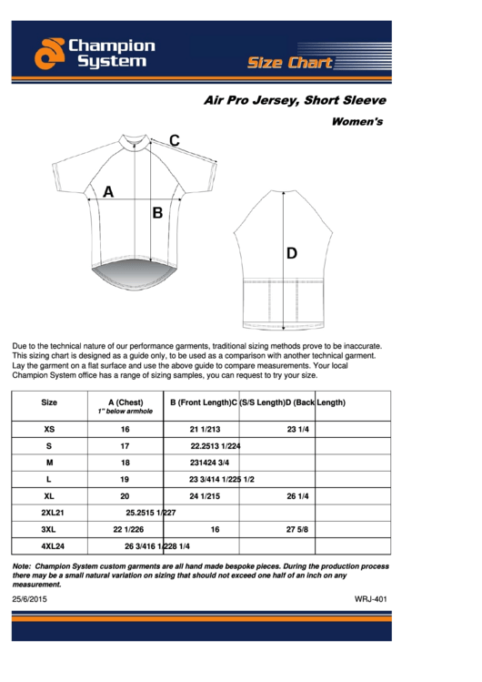 Champion System Air Pro Jersey, Short Sleeve Size Chart Printable pdf