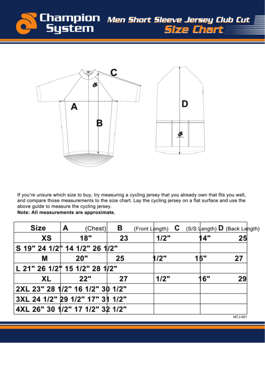 Champion System Men Short Sleeve Jersey Club Cut Size Chart Printable pdf