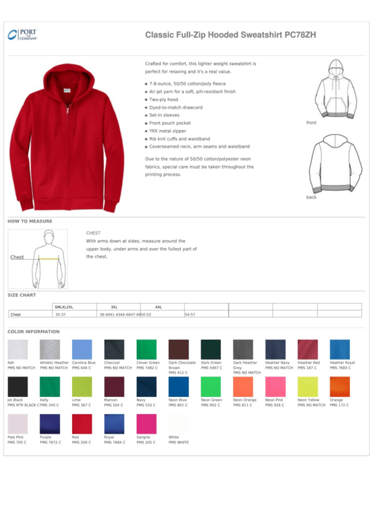 Port Authority Classic Full-zip Hooded Sweatshirt Size Chart