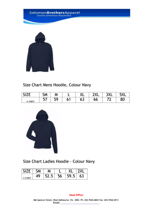 Solomon Brothers Apparel Hoodie Size Chart Printable pdf