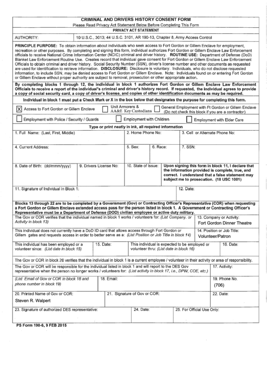 Fillable Ps Form 190-6 - Criminal And Drivers History Consent Form Printable pdf