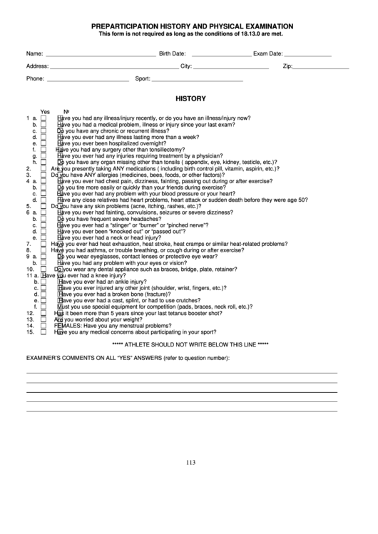 Preparticipation History And Physical Examination Form Printable pdf