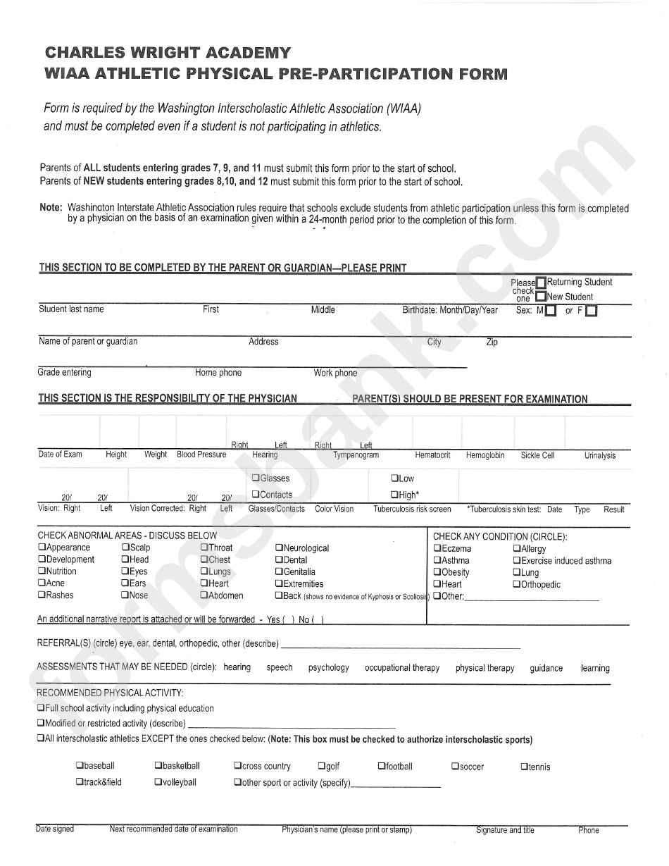 Wiaa Athletic Physical Pre-Participation Form