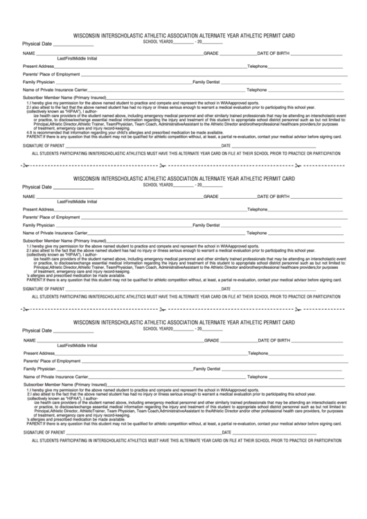 Wisconsin Interscholastic Athletic Association Alternate Year Athletic Permit Card Printable pdf
