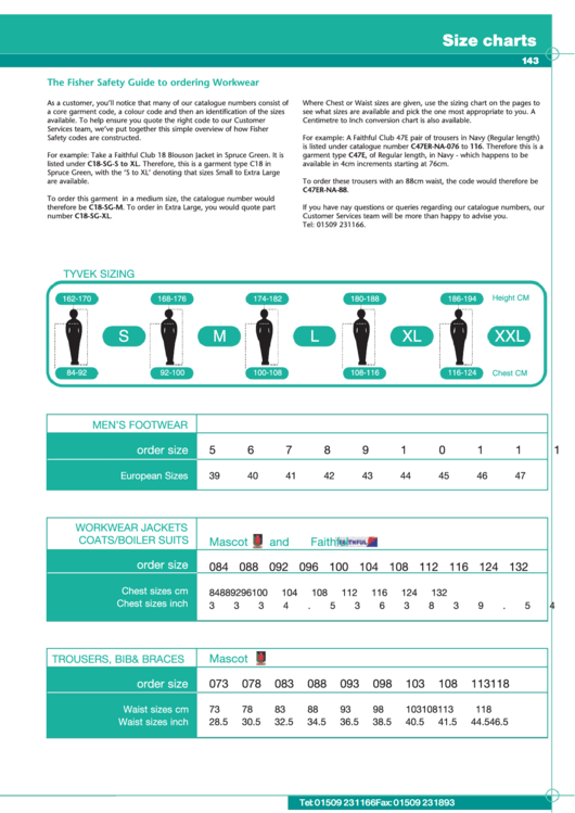 Fisher Workwear Size Chart Printable pdf