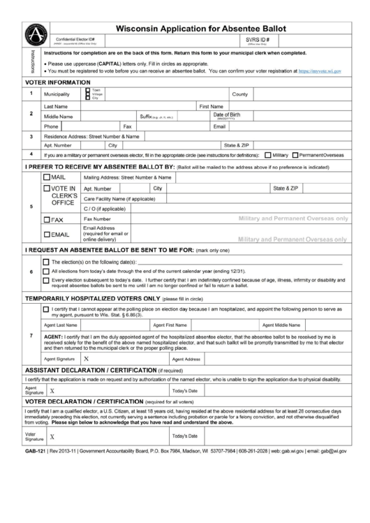 Gab-121 - Wisconsin Application For Absentee Ballot Printable pdf