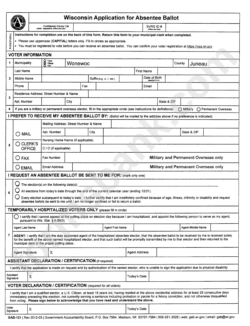 Gab-121 - Wisconsin Application For Absentee Ballot printable pdf download