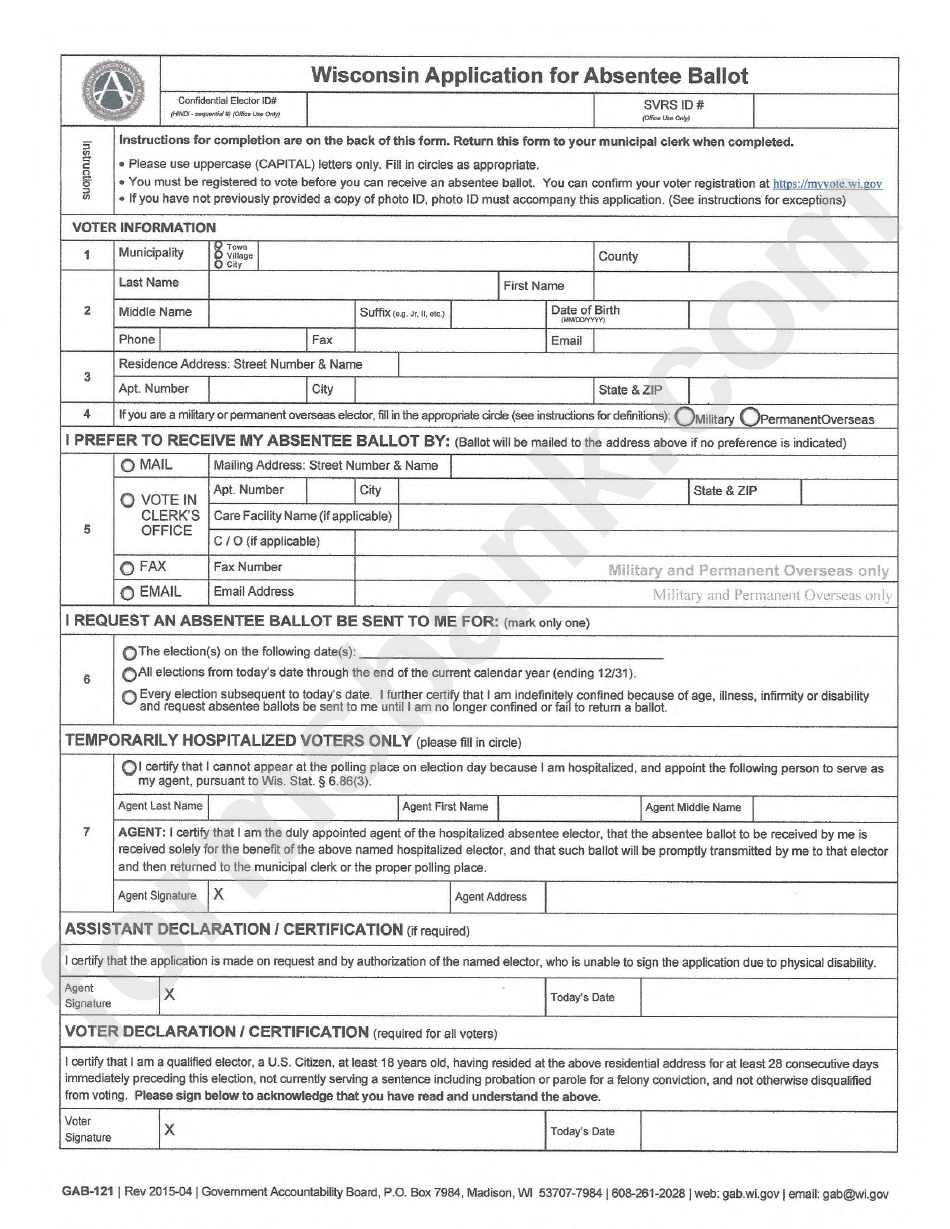 Gab-121 - Wisconsin Application For Absentee Ballot