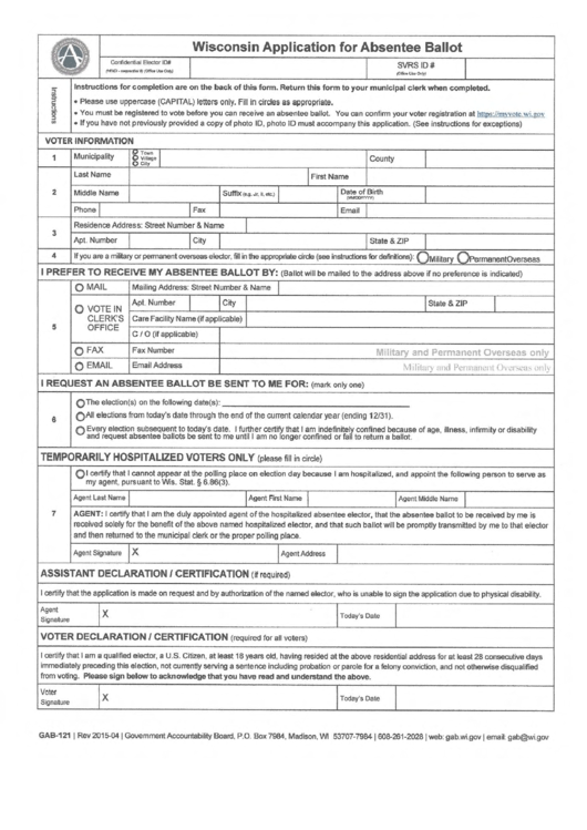 Gab-121 - Wisconsin Application For Absentee Ballot Printable pdf