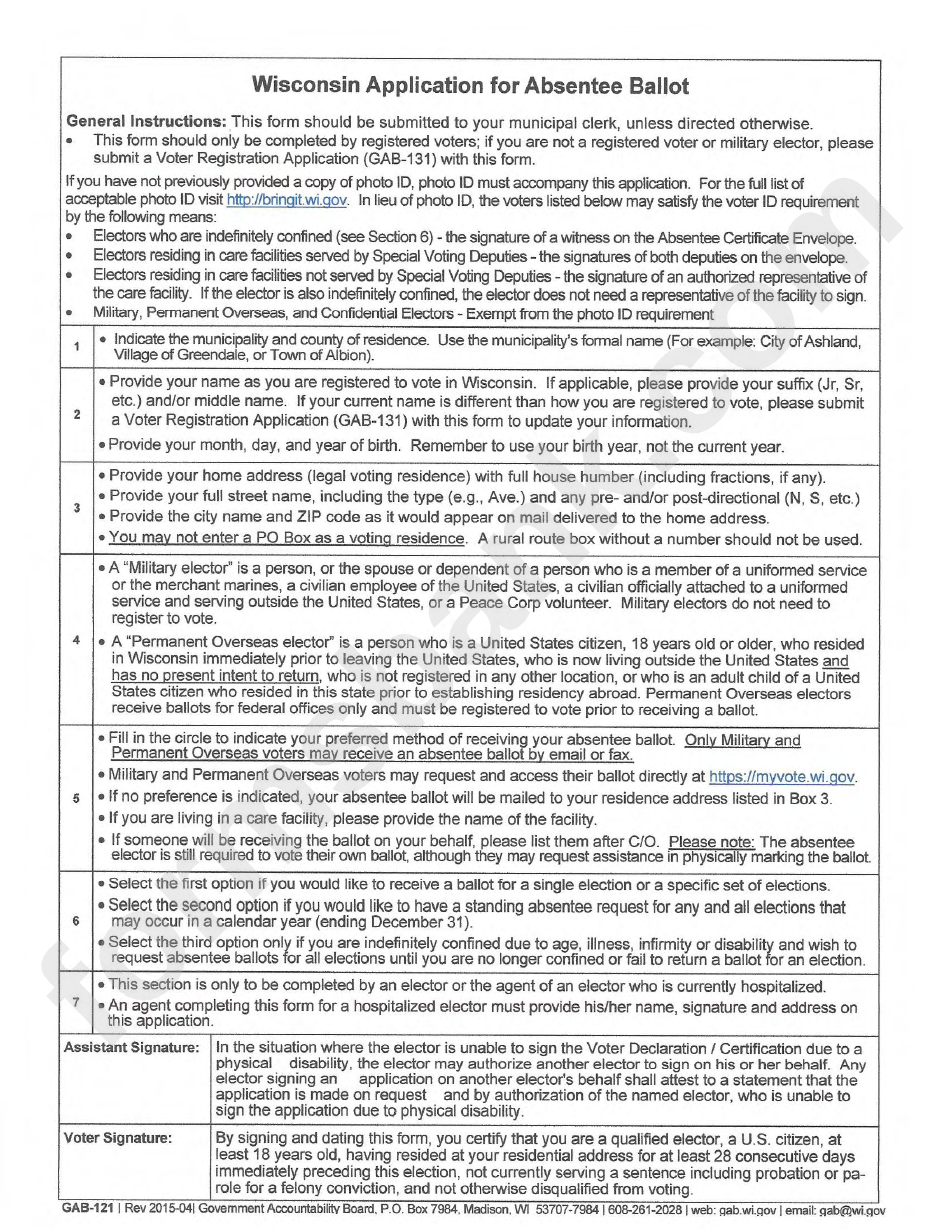 Gab-121 - Wisconsin Application For Absentee Ballot