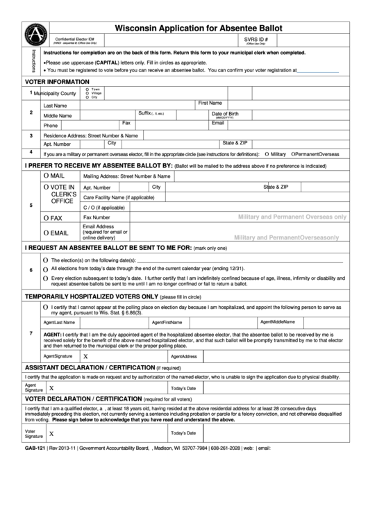Fillable Form Gab-121 - Wisconsin Application For Absentee Ballot Printable pdf