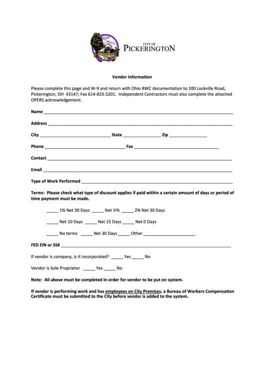 City Of Pickerington Vendor Information Form, Form W-9, Independent Contractor Acknowledgment Printable pdf