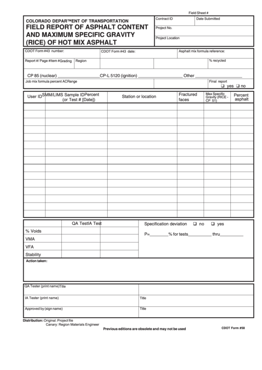 Cdot Form 58 - Colorado Department Of Transportation - Field Report Of Asphalt Content And Maximum Specific Gravit (Rice) Of Hot Mix Asphalt Printable pdf