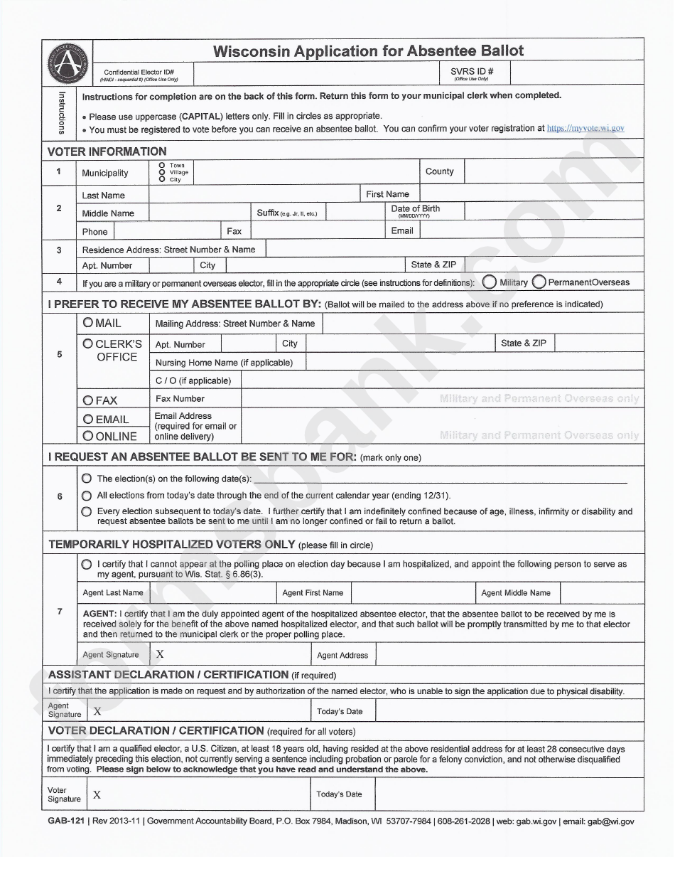 Gab-121 - Wisconsin Application For Absentee Ballot