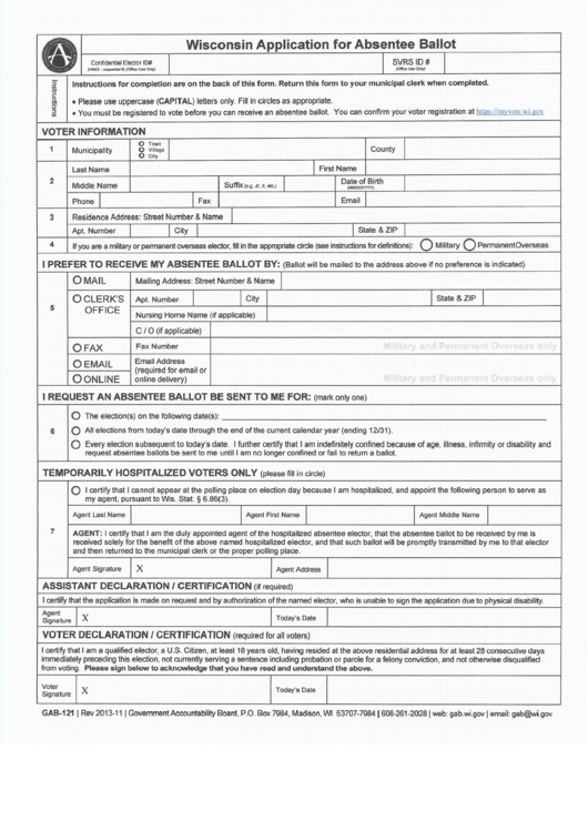 Gab-121 - Wisconsin Application For Absentee Ballot Printable pdf