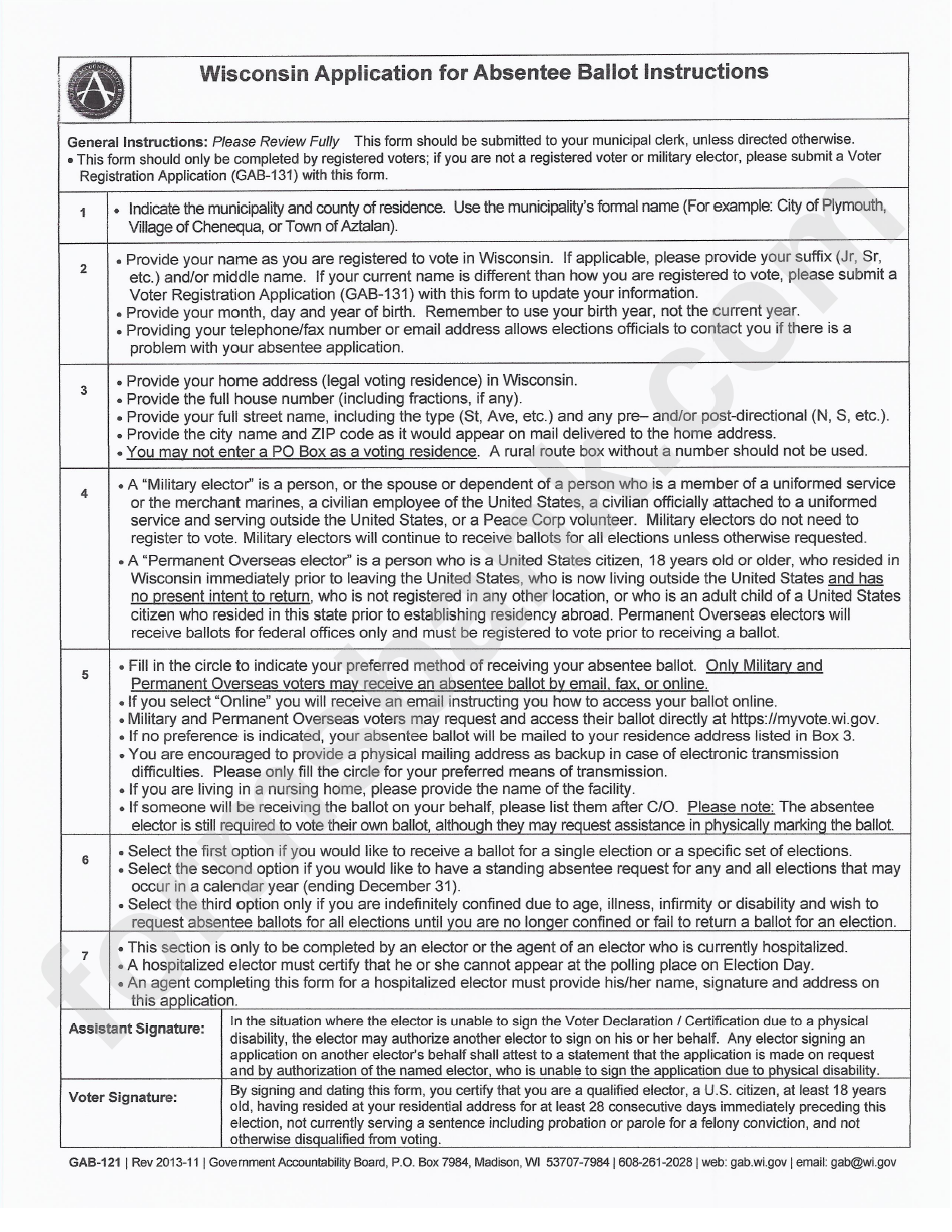 Gab-121 - Wisconsin Application For Absentee Ballot