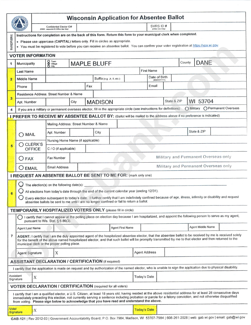 Gab-121 - Wisconsin Application For Absentee Ballot