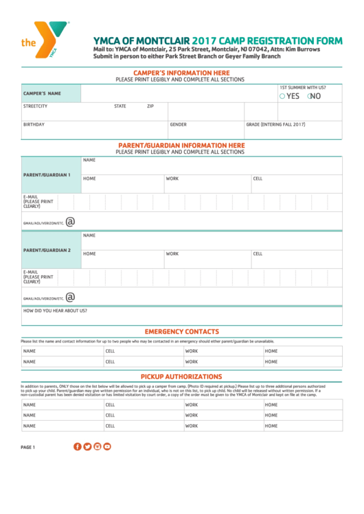 Ymca Of Montclair - Camp Registration Form - 2017 Printable pdf