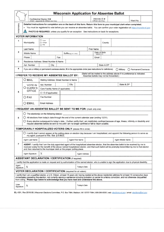 Gab-121 - Wisconsin Application For Absentee Ballot Printable pdf