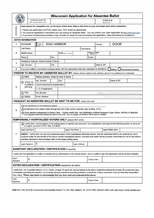 Gab-121 - Wisconsin Application For Absentee Ballot Printable pdf