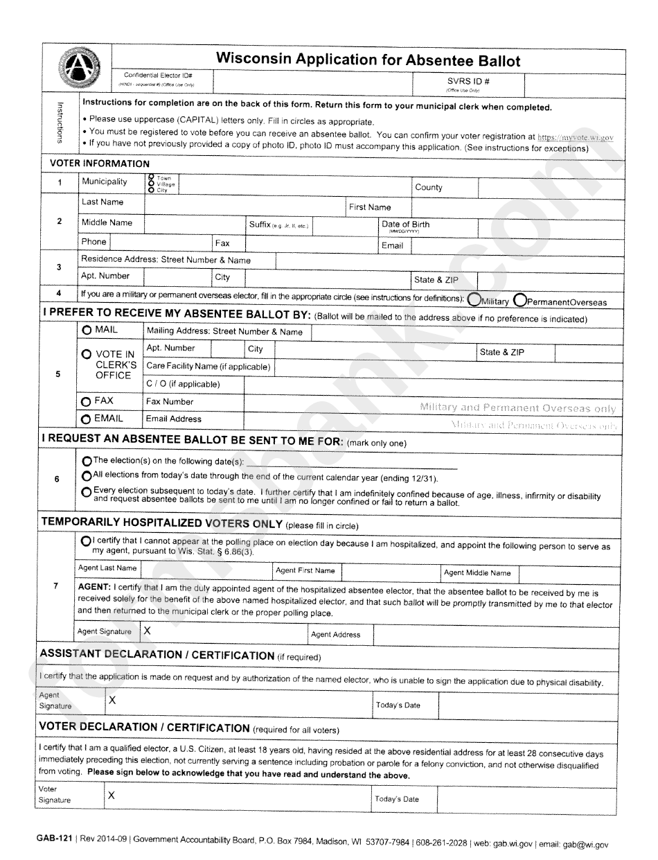 Gab-121 - Wisconsin Application For Absentee Ballot