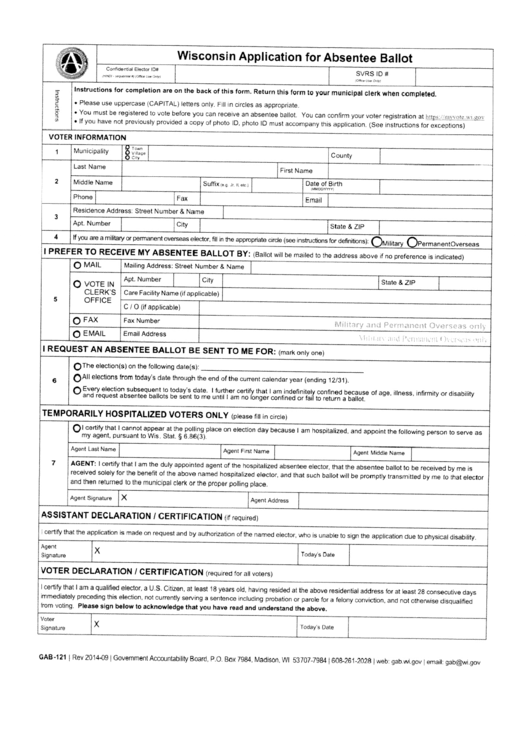 Gab-121 - Wisconsin Application For Absentee Ballot Printable pdf