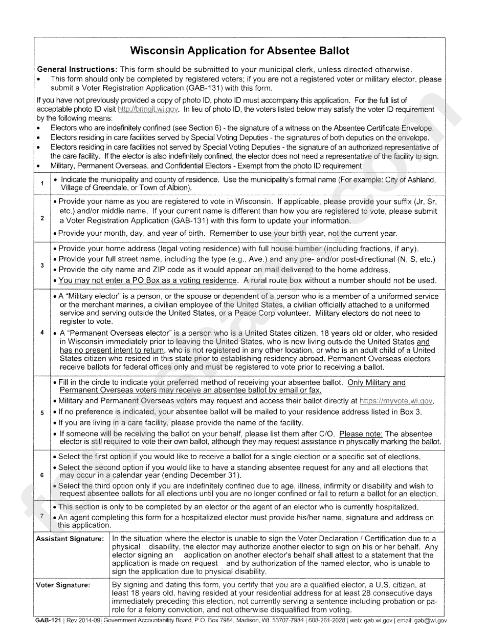 Gab-121 - Wisconsin Application For Absentee Ballot