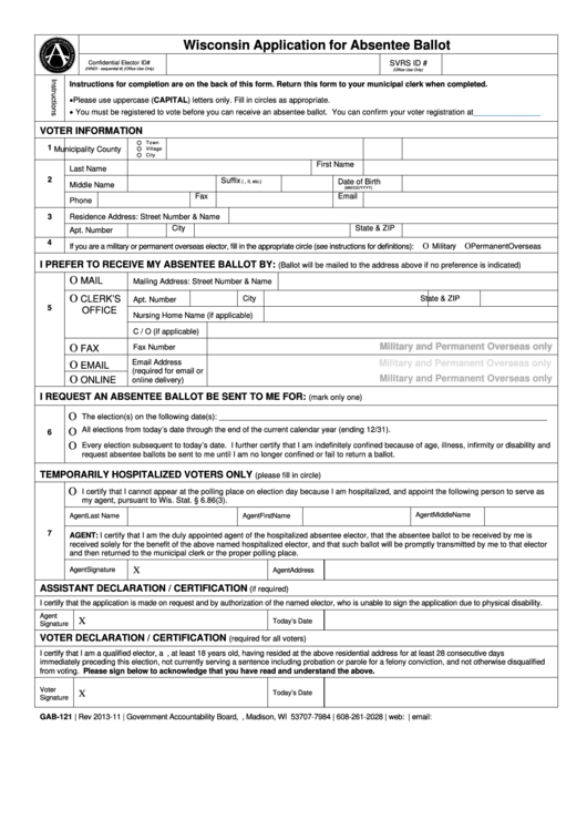 Fillable Gab-121 - Wisconsin Application For Absentee Ballot Printable pdf