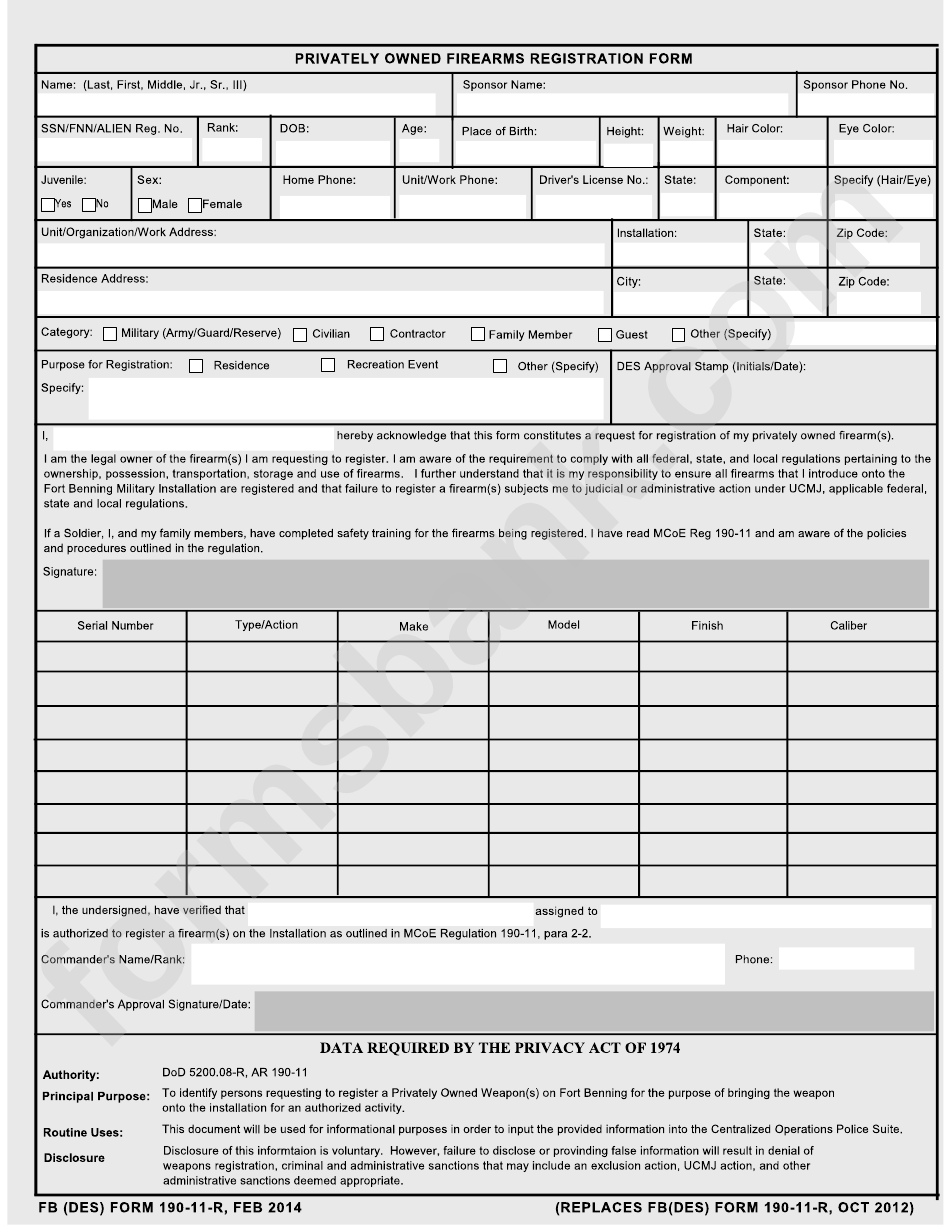 Fb (Des) Form 190-11-R - Privately Owned Firearms Registration Form
