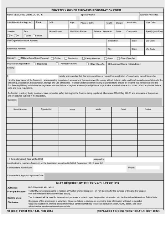 Fb (Des) Form 190-11-R - Privately Owned Firearms Registration Form Printable pdf