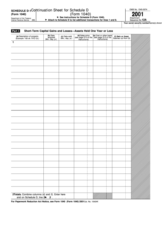 Fillable Schedule D-1 (Form 1040) - Continuation Sheet For Schedule D - 2001 Printable pdf