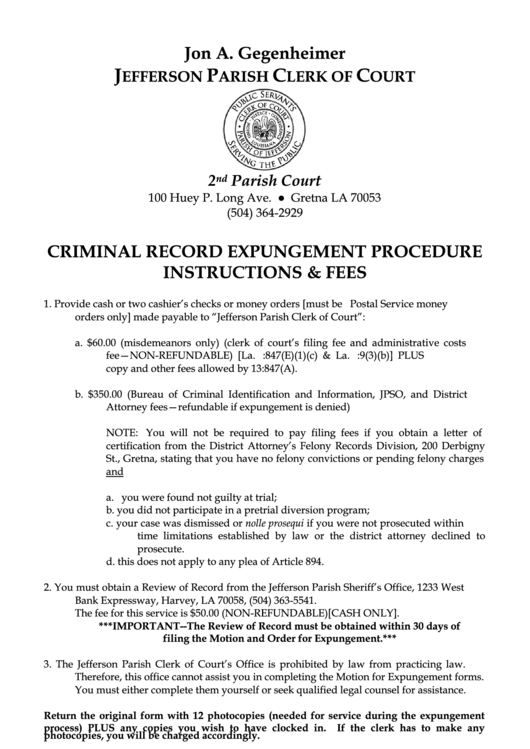 Fillable Motion And Order For Expungement Printable pdf