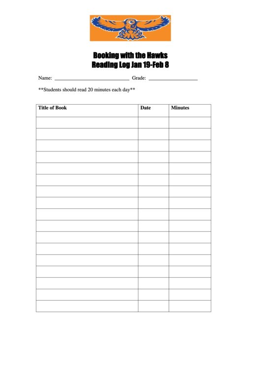 Booking With The Hawks Reading Log Jan 19-Feb 8 Printable pdf