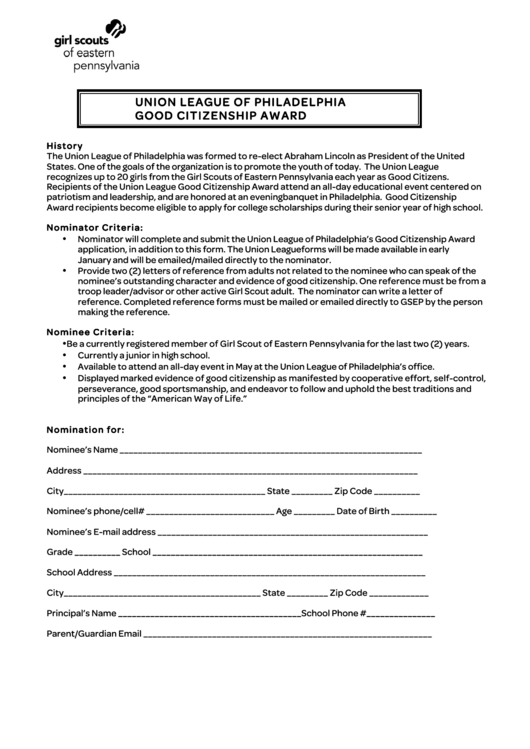 Union League Of Philadelphia Good Citizenship Award - Girl Scouts Of Eastern Pennsylvania Printable pdf