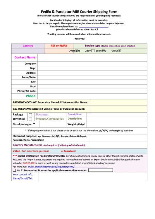Fillable Fedex & Purolator Mie Courier Shipping Form Printable pdf