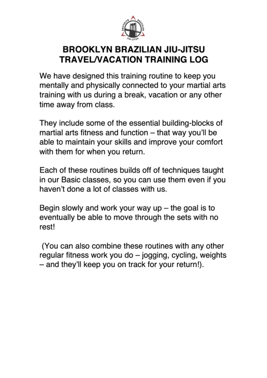 Brooklyn Brazilian Jiu-Jitsu Travel/vacation Training Log Printable pdf