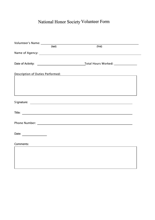 Fillable National Honor Society Volunteer Form Printable pdf