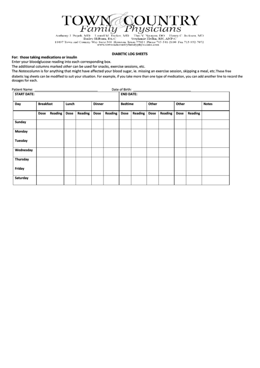 Diabetic Log Sheets Template Printable pdf