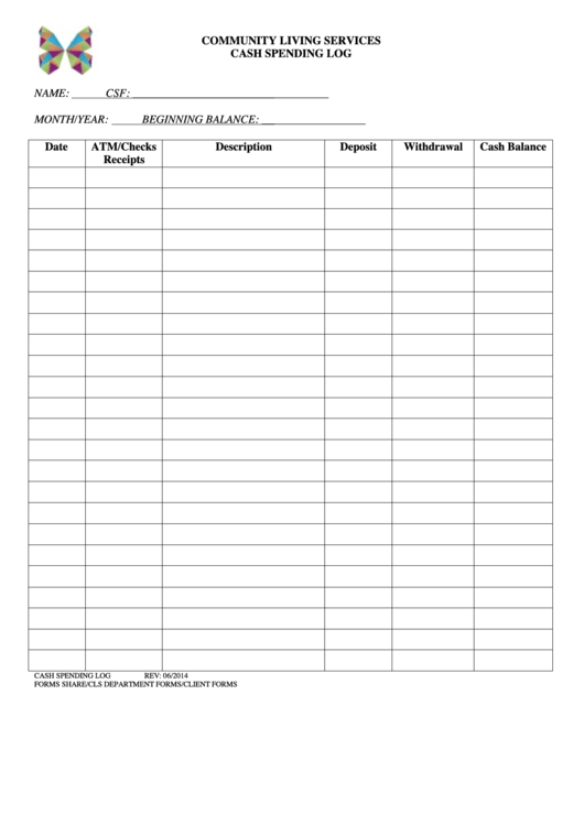 Community Living Services Cash Spending Log Printable pdf