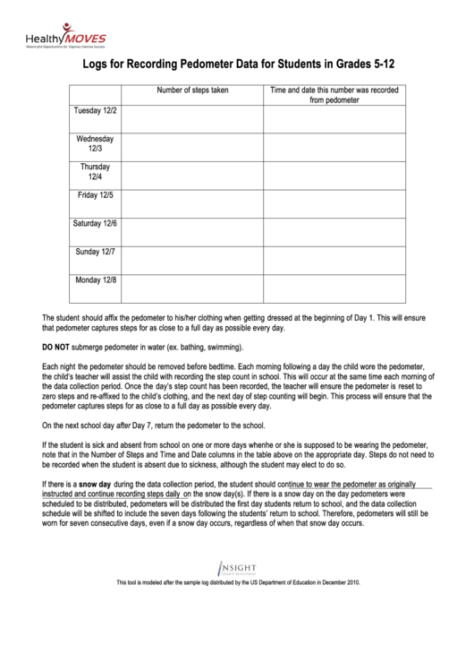 Logs For Recording Pedometer Data For Students In Grades 5-12 Printable pdf