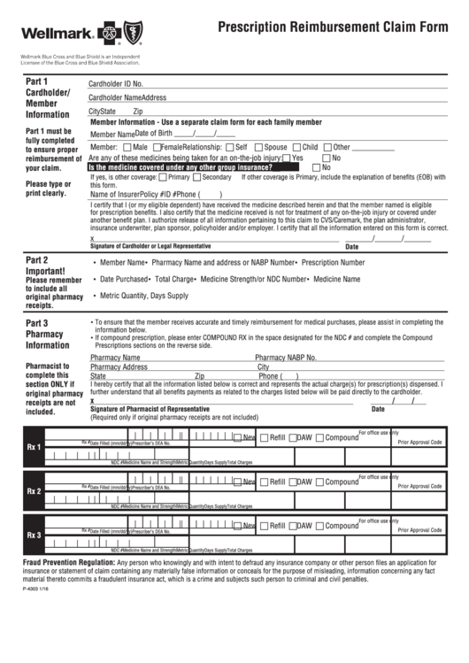 Fillable Prescription Reimbursement Claim Form Printable pdf