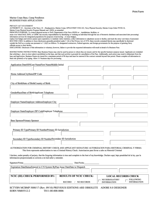 Fillable Business Pass Application Printable pdf