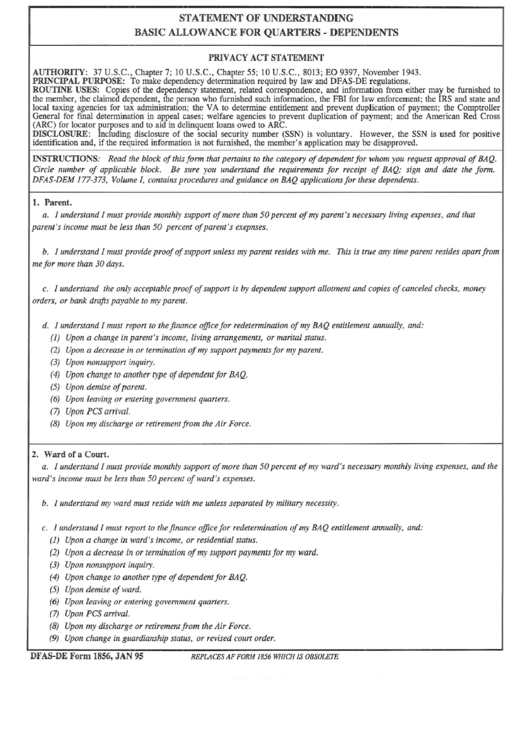 Dfas-De Form 1856 - Statement Of Understanding Printable pdf