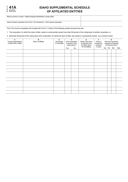 Form 41a - Idaho Supplemental Schedule Of Affiliated Entities Printable pdf
