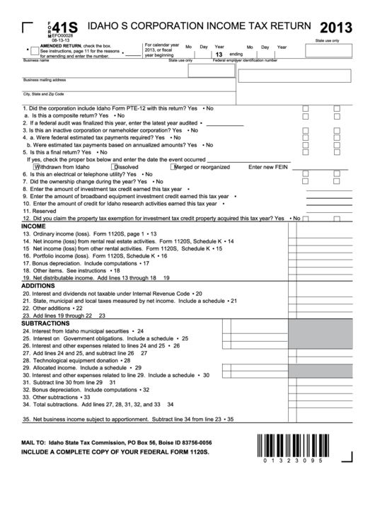 Fillable Form 41s - Idaho S Corporation Income Tax Return - 2013 Printable pdf