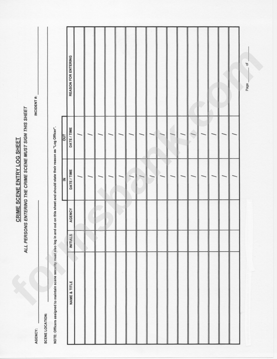 Crime Scene Entry Log Sheet