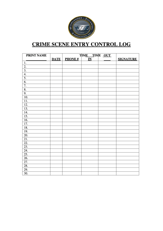 Crime Scene Entry Control Log Printable pdf