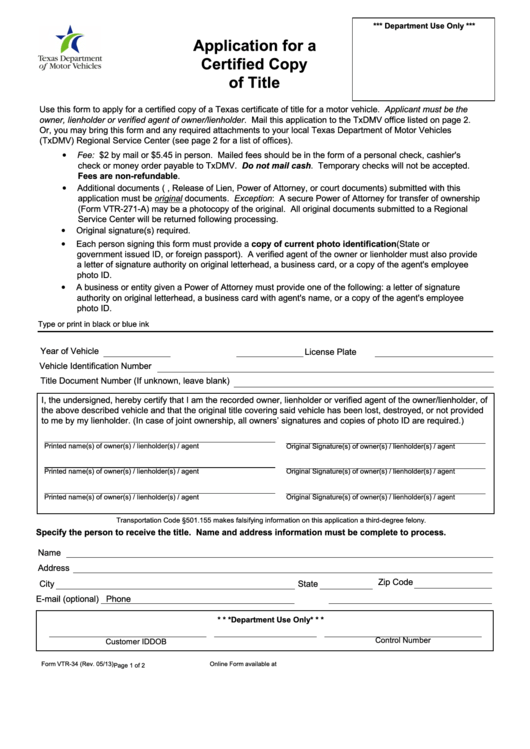 Fillable Form Vtr-34 - Application For A Certified Copy Of Title Printable pdf